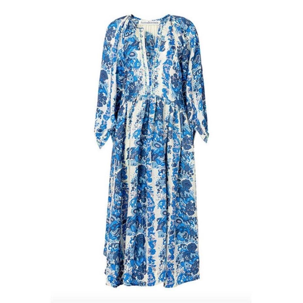 NWT Alix of Bohemia	Saranna Bluebell 100% Silk Boho Midi Floral Dress Blue XS